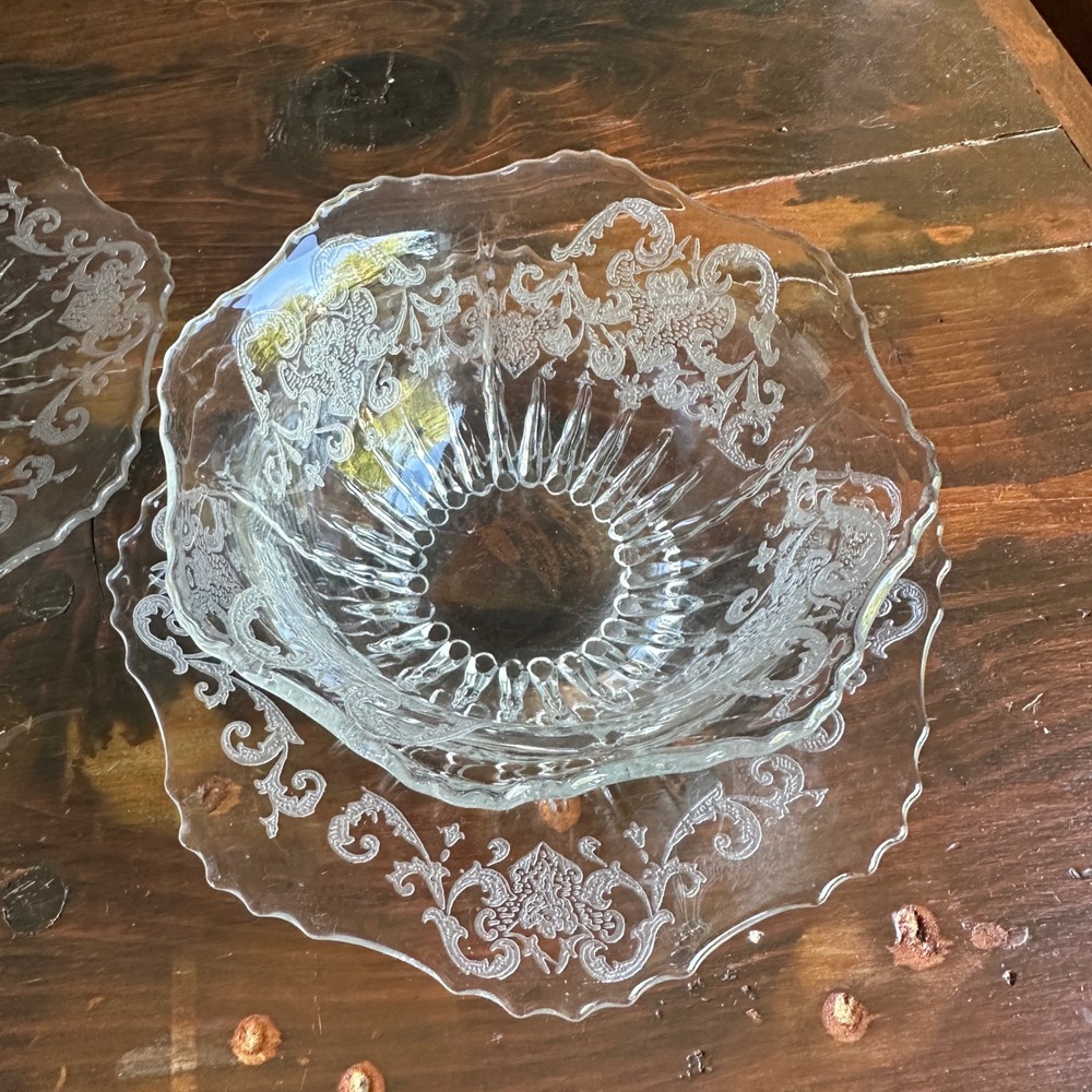 Versailles Etched Crystal Cream Soup Bowl Saucer Set 4pc Clear Glass 1930s
